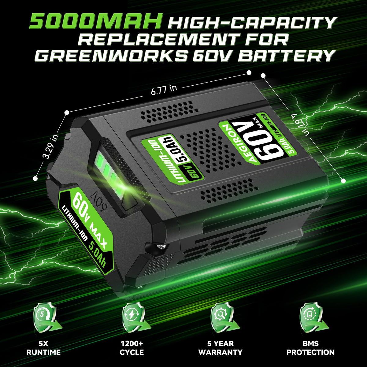 Aegiron 60V 5.0Ah battery side view rugged housing for tough yard work