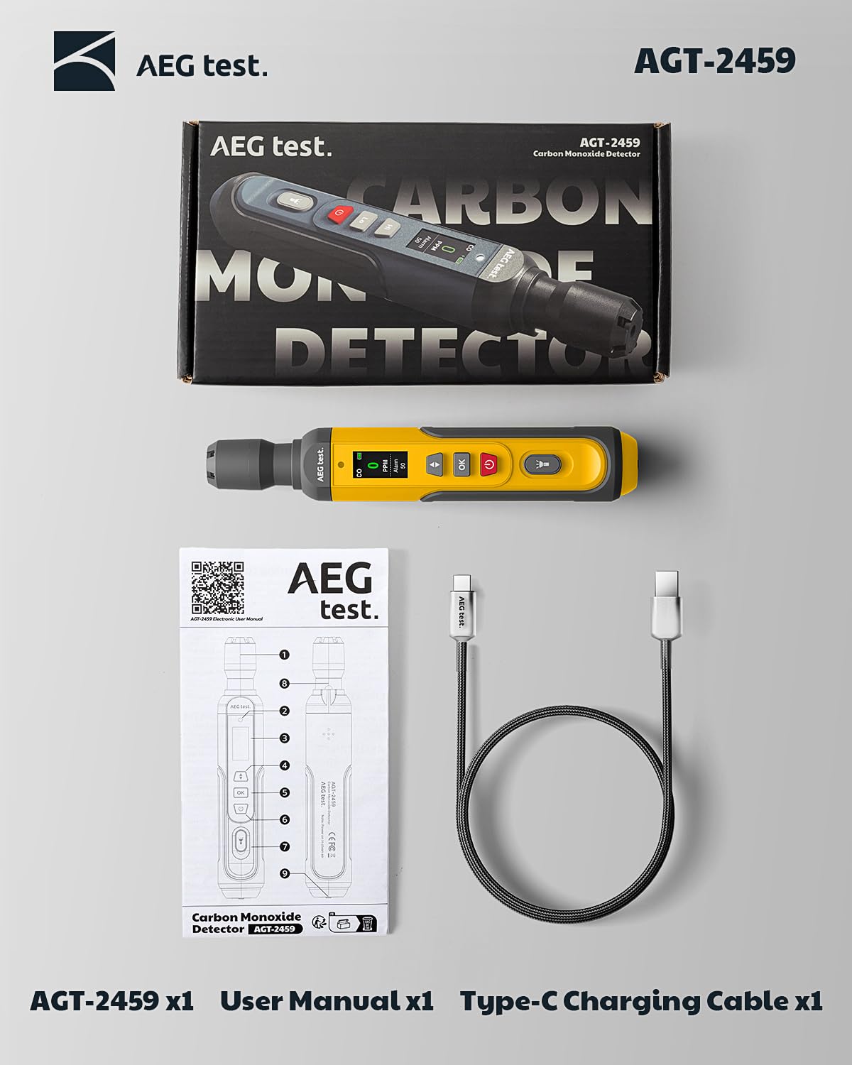 AEGTEST AGT-2459 includes manual and USB-C cable for easy setup.