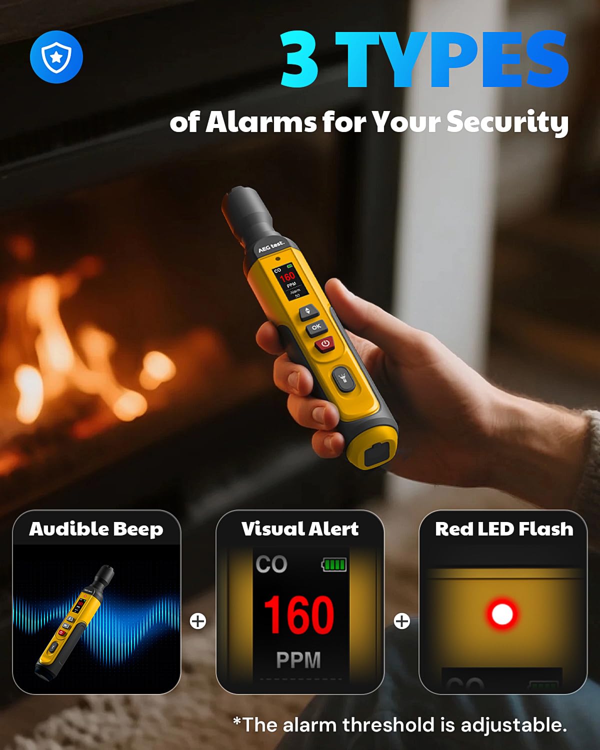 AEGTEST AGT-2459 LCD screen shows precise CO concentration for easy decisions.