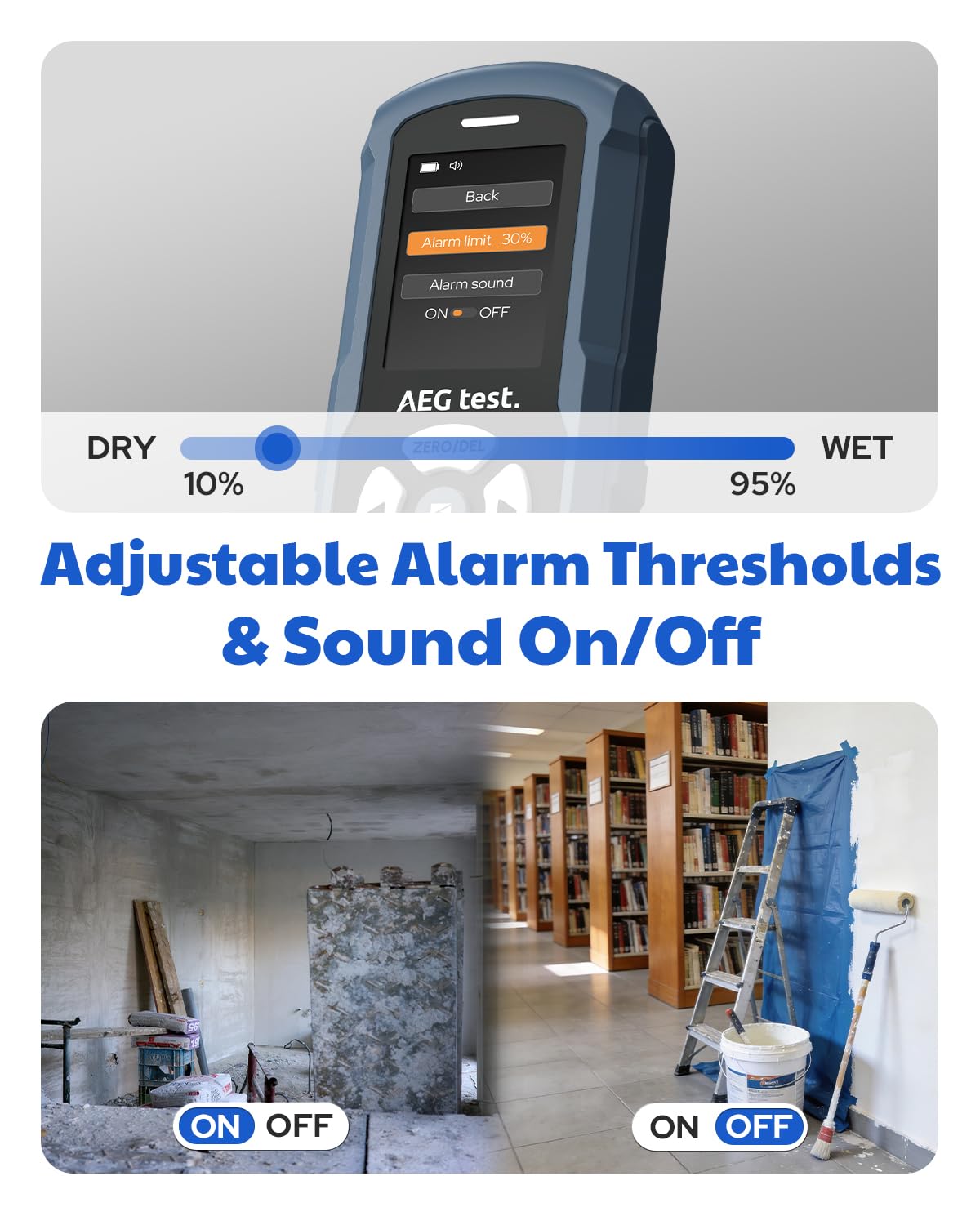 AEGTEST AWT-380 adjustable alarms for customizable moisture alerts.