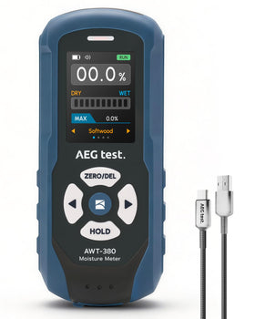 AEGTEST AWT-380 color display shows moisture readings and alerts at a glance.