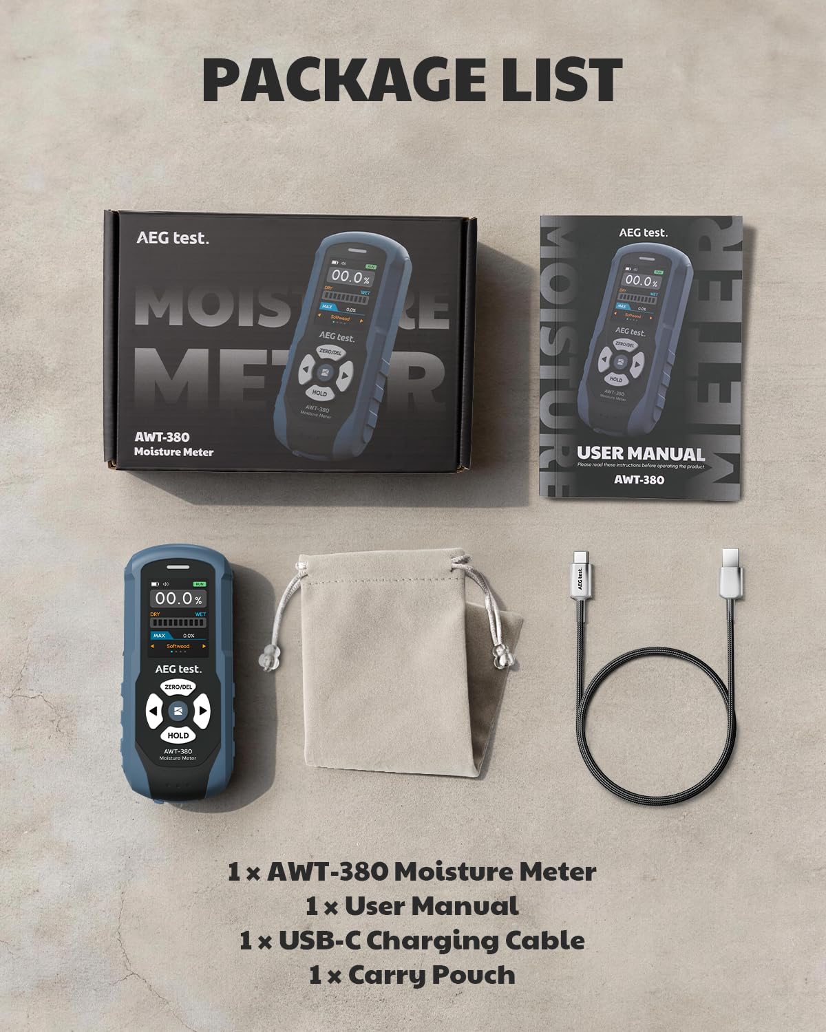 AEGTEST AWT-380 kit includes meter, USB-C cable, manual, pouch.
