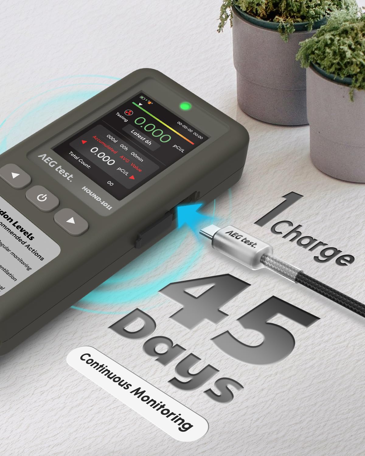 AEGTEST HOUND-1011 display readouts show real-time radon level updates clearly.