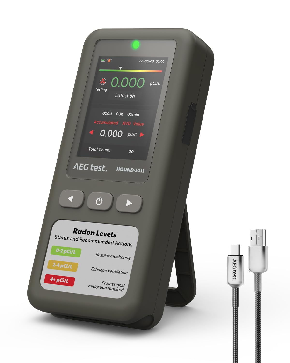 AEGTEST HOUND-1011 front view, compact home radon monitor for continuous safety.