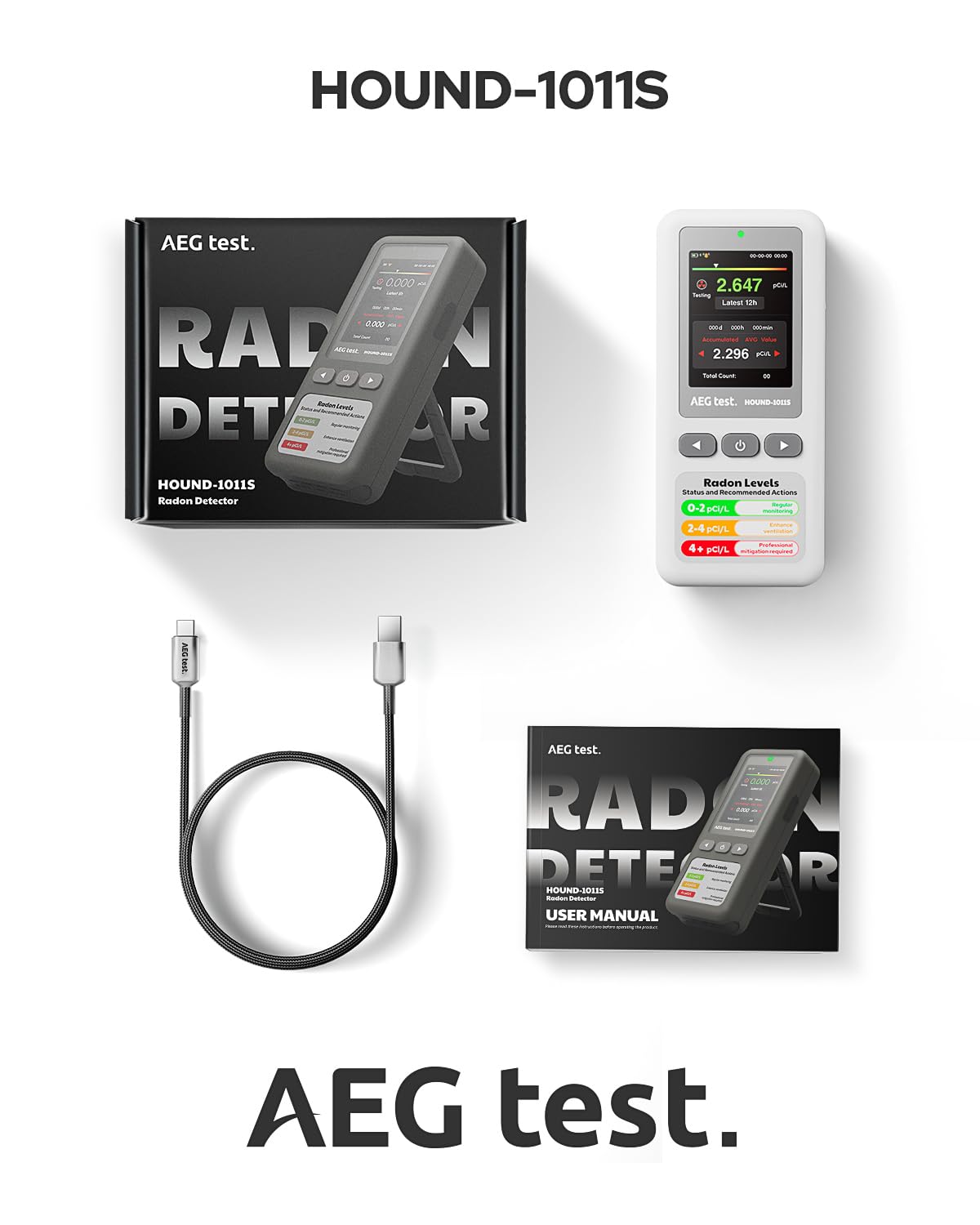 AEGTEST HOUND-1011S complete packaging with stand and manual for setup.