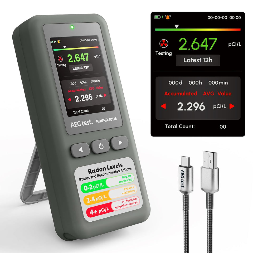 AEGTEST HOUND-1011S front view shows compact portable radon detector for home monitoring.