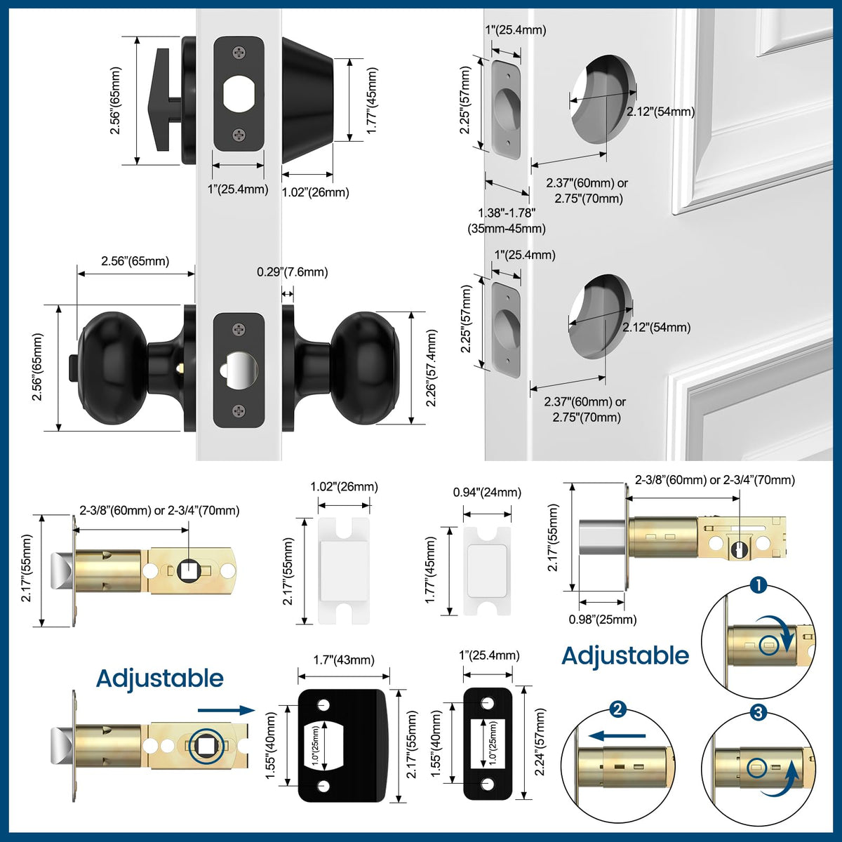 AEEKEL adjustable latch 60mm/70mm backset for flexible installation