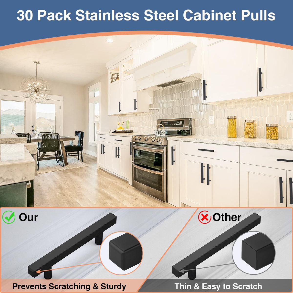 AEEKEL matte black cabinet pulls offer a sleek look and smooth operation.