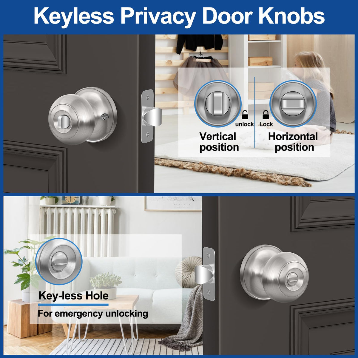 AEEKEL privacy door knob on a closed door, interior lock button for easy privacy.