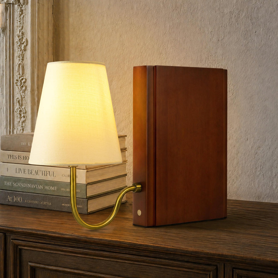 AELS wooden bookshelf lamp placed on a shelf adds warm ambiance and organization.