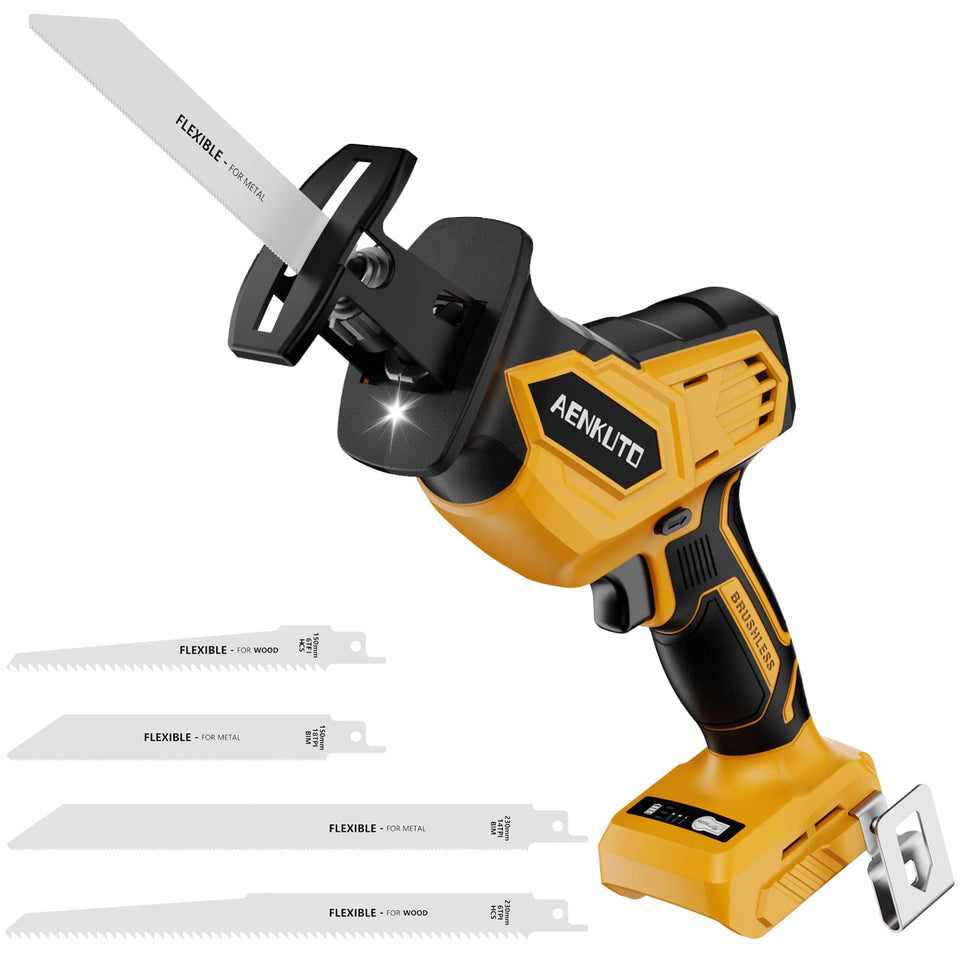 Aenkuto cordless reciprocating saw tool-only photo showing DeWalt compatibility for DeWalt 20V MAX users.