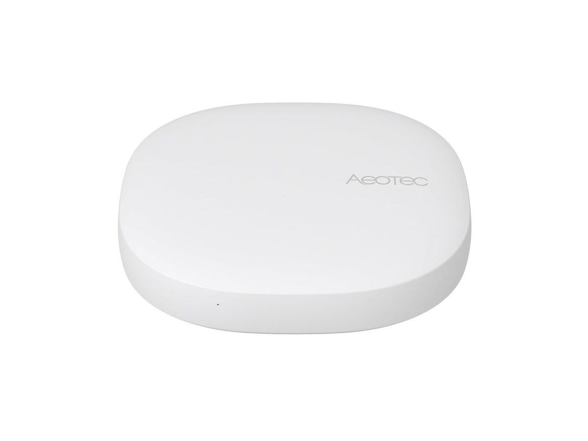 AEOTEC hub with voice control shows Alexa and Google Assistant compatibility.