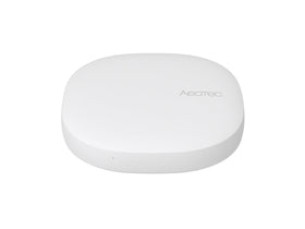 AEOTEC hub with voice control shows Alexa and Google Assistant compatibility.