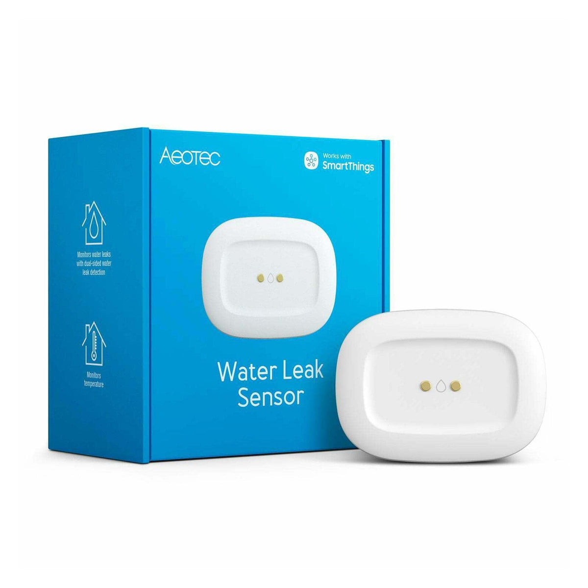AEOTEC Water Leak Sensor with hub demonstrates battery-powered, wireless setup for proactive home protection.