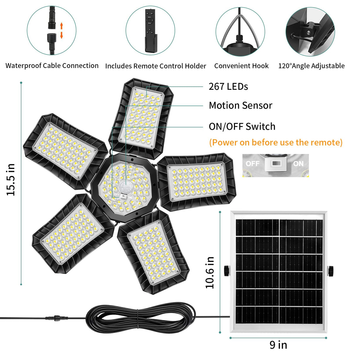 AEQ Solar Shed Light includes a 16.5 ft cable for flexible placement and charging.