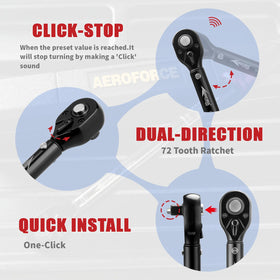 AEROFORCE torque wrench features audible click confirmation for accurate preset torque.