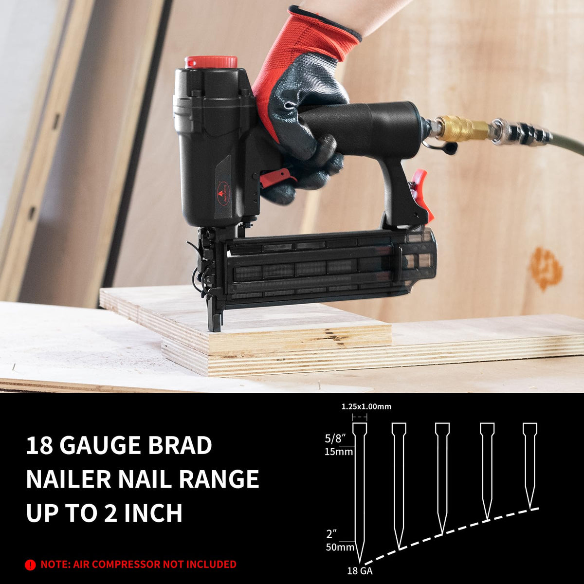 AEROPRO brad nails (5/8–2 inch) stocked for trim and molding tasks.