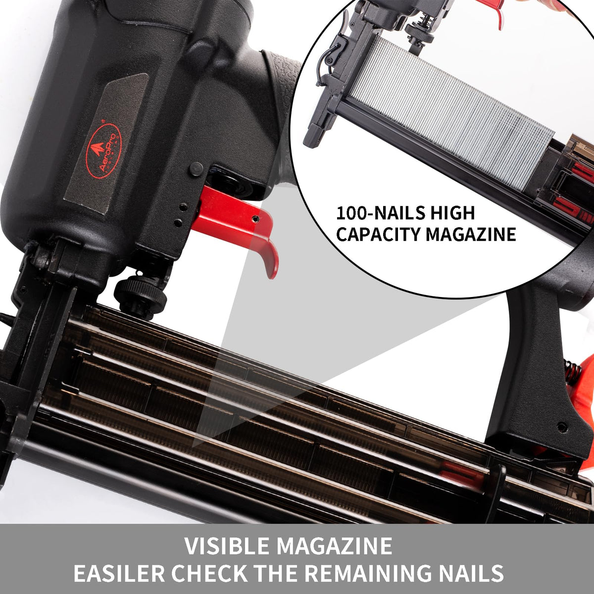 AEROPRO depth adjustment control, tool-free for quick nail depth changes.