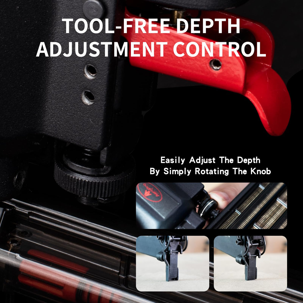 AEROPRO depth adjustment enables precise nail depth without tools.