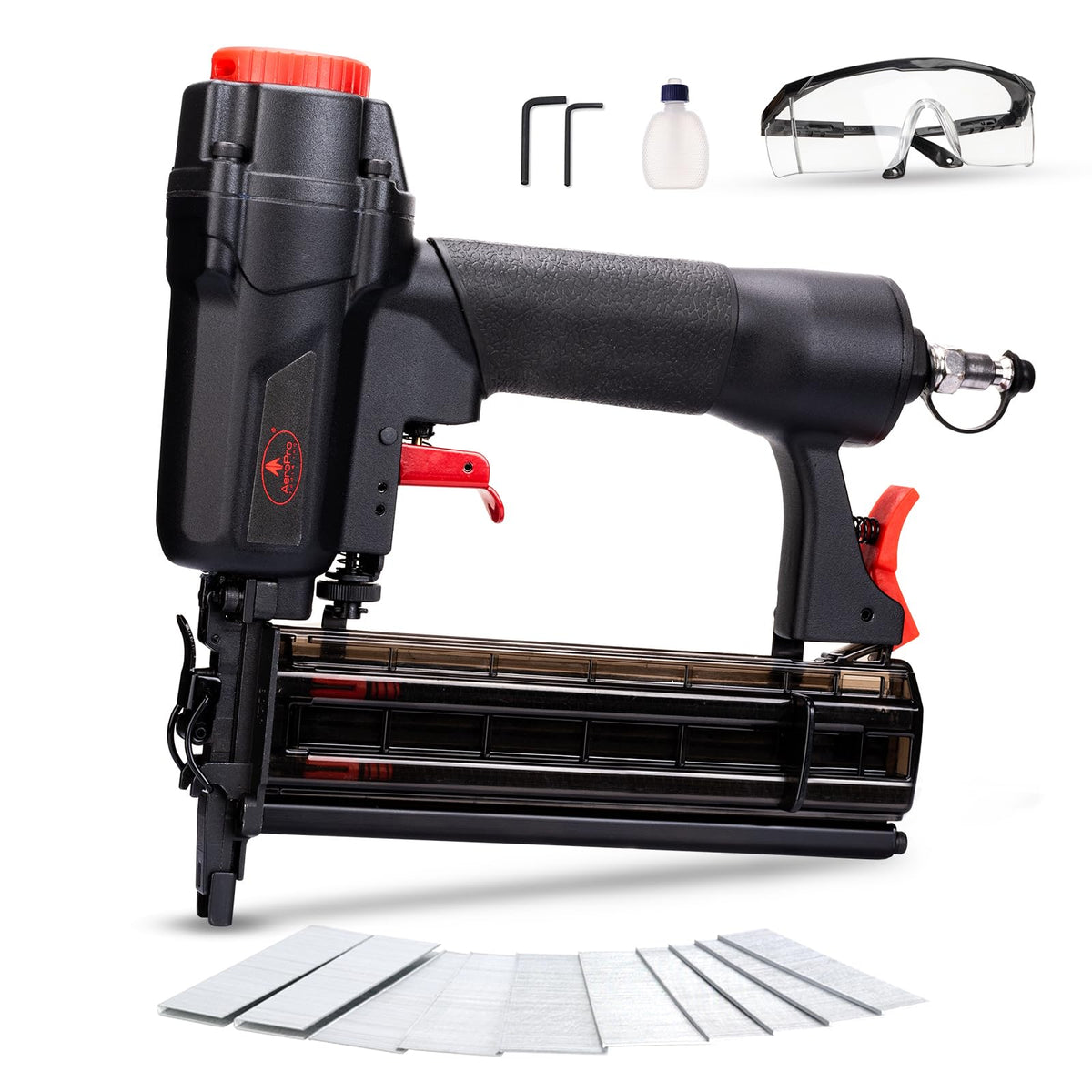 AEROPRO pneumatic brad nailer front view, compact and easy to handle for DIY projects.