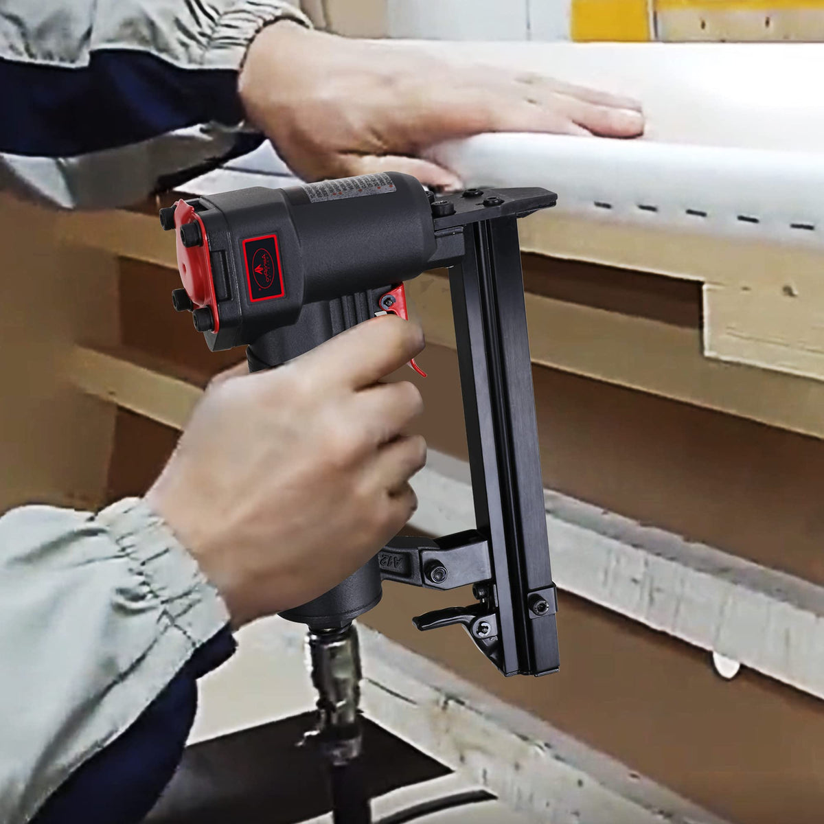 AEROPRO Tools 7116A in-use on an upholstery project with precise stapling.