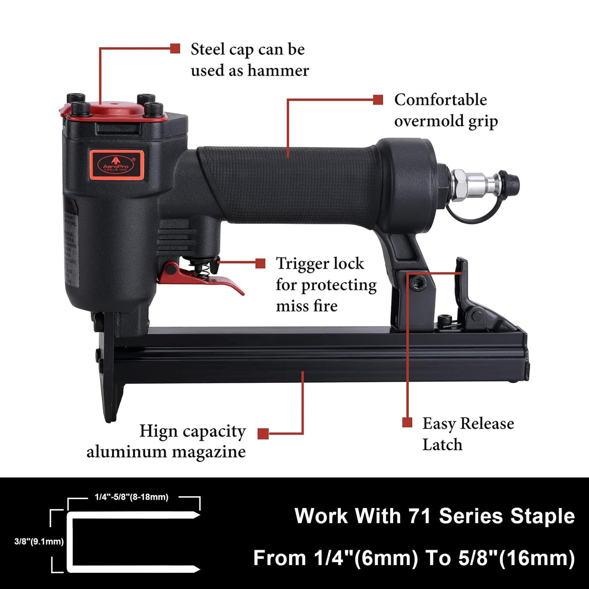 AEROPRO Tools 7116A air stapler side view shows compact, fatigue-reducing design.