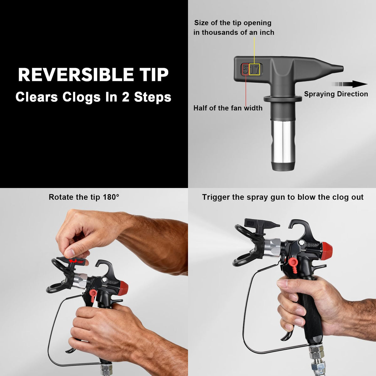 AEROPRO reversible tip in action helps prevent clogs during spraying.