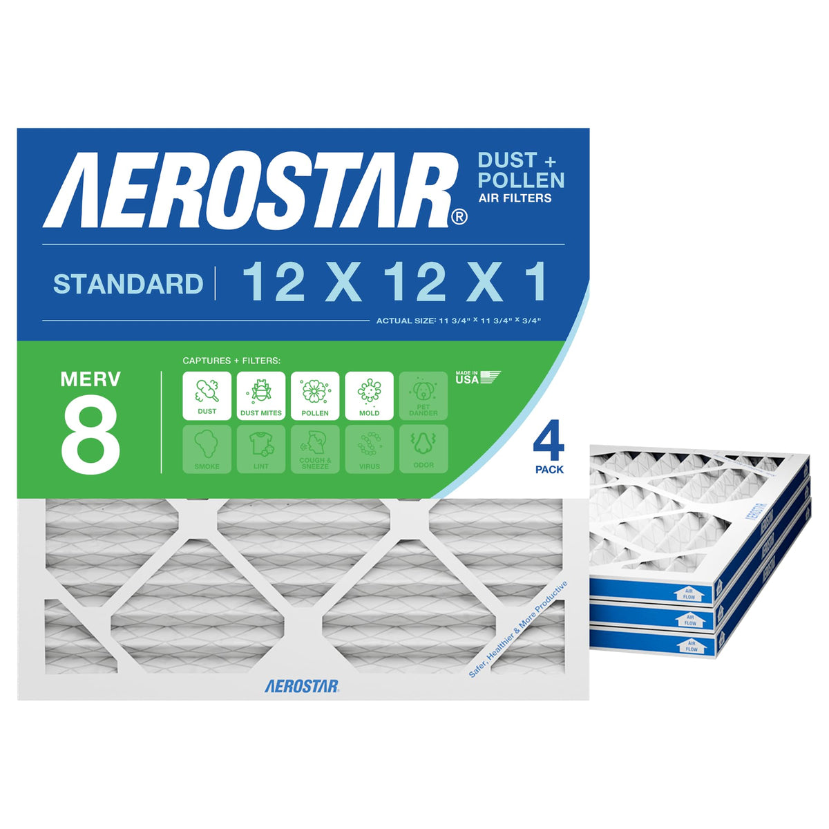 Aerostar 12x12x1 MERV8 filter pack 4-count close-up for durable filtration.