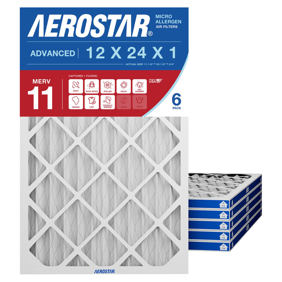 Aerostar 12x24x1 MERV 11 pleated filter, front view, enhances airflow and filtration.