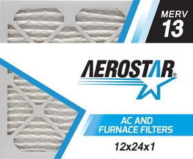 Aerostar 12x24x1 MERV 13 pleated filter for high-efficiency air filtration in homes.