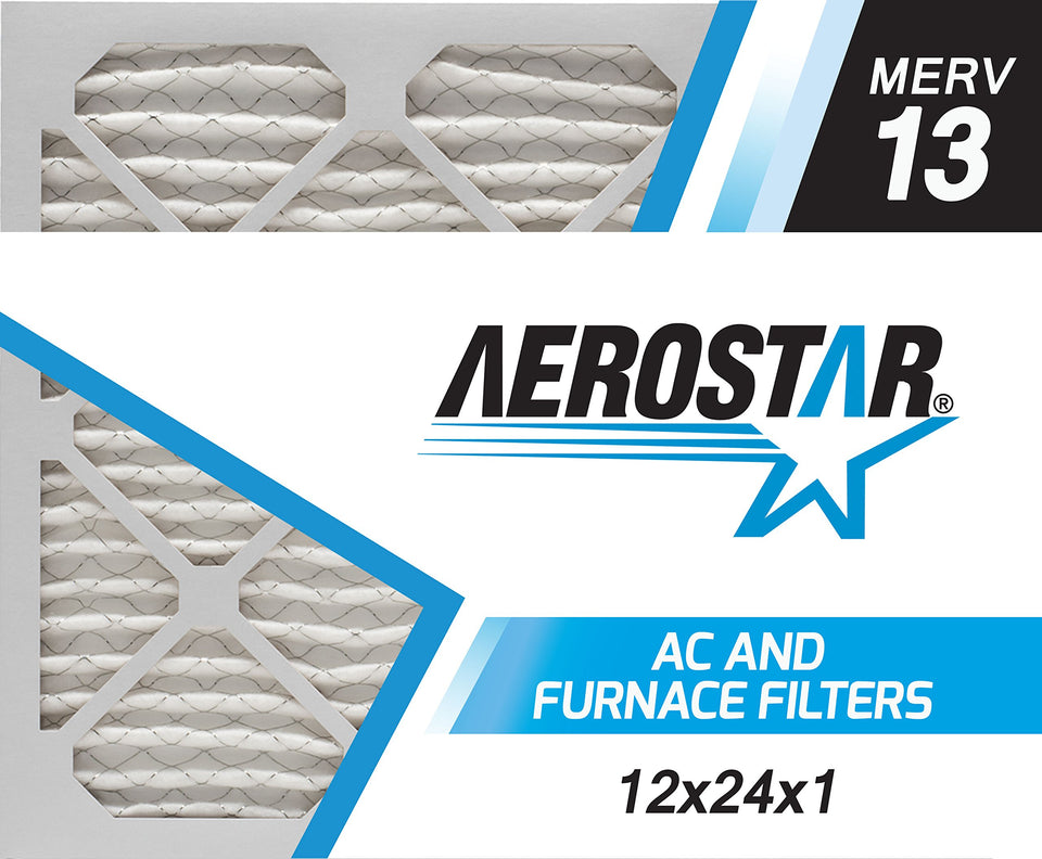 Aerostar 12x24x1 MERV 13 pleated filter for high-efficiency air filtration in homes.