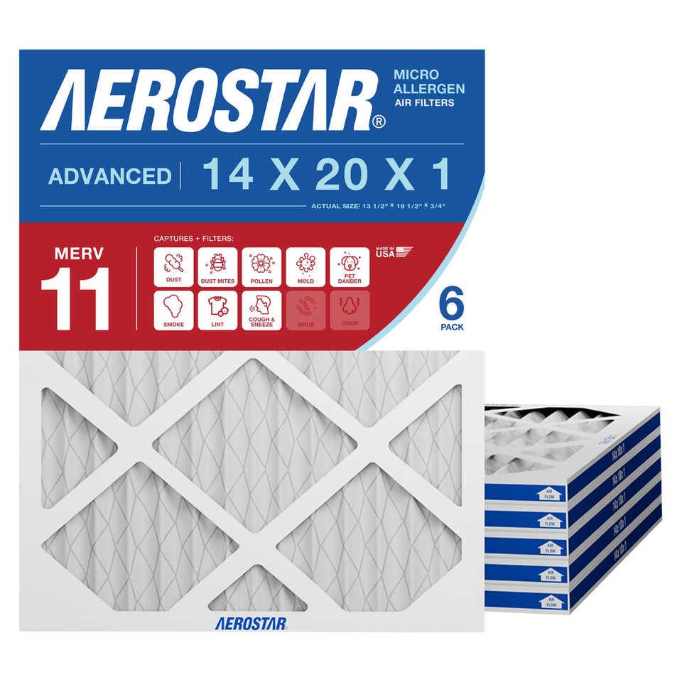 Aerostar 14x20x1 MERV 11 filter pack shown for easy replacement and cleaner air.