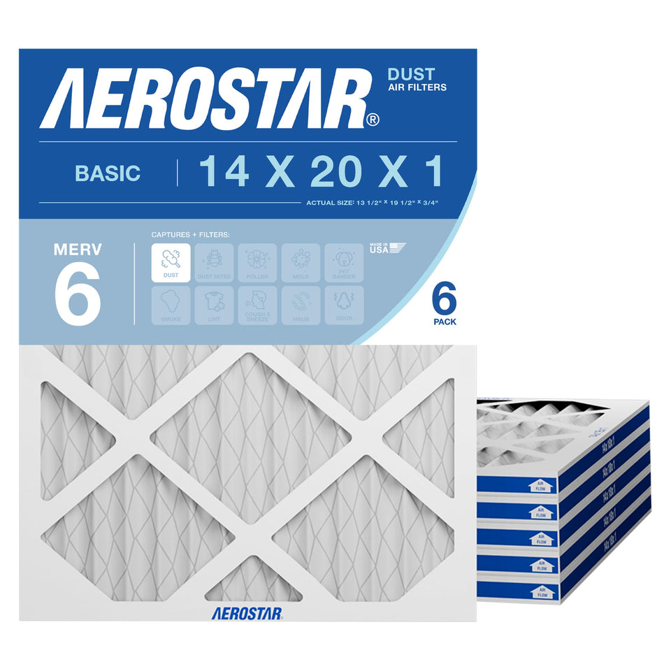 Aerostar 14x20x1 MERV 6 filter pack close view shows allergen capture potential.