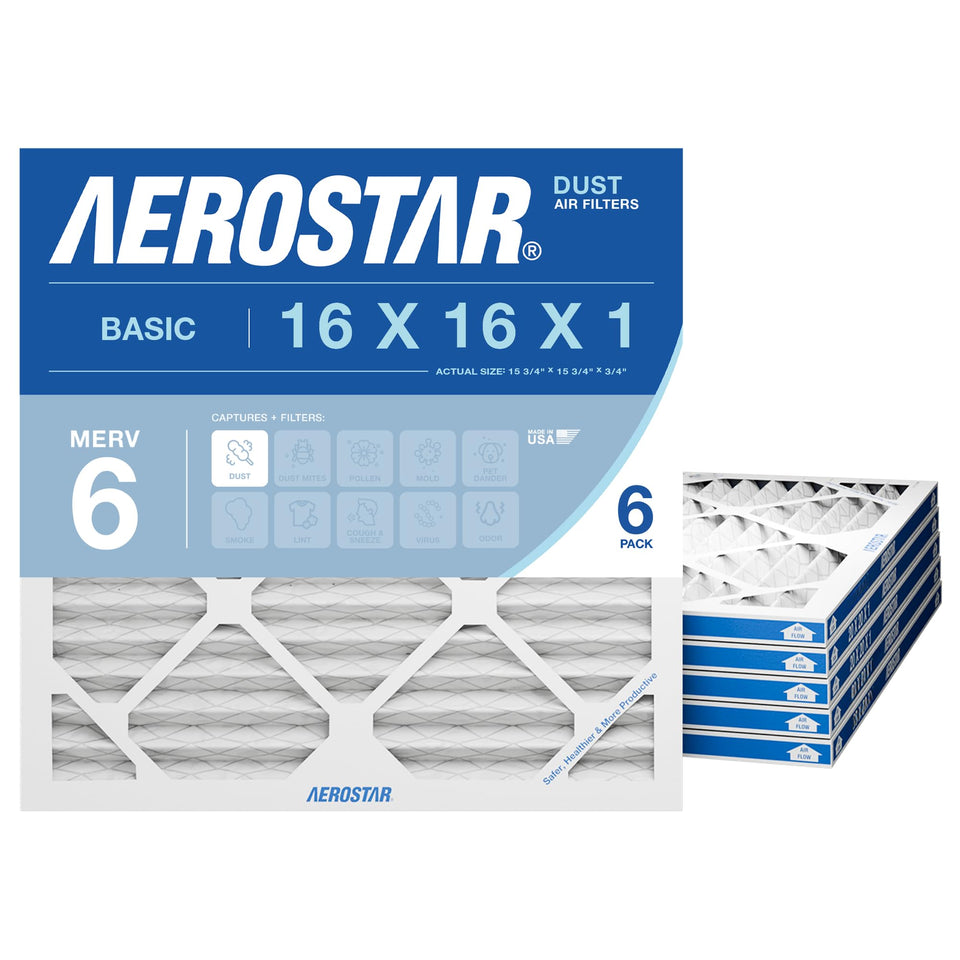 Aerostar 16x16x1 MERV 6 filter showing universal compatibility with HVAC systems.