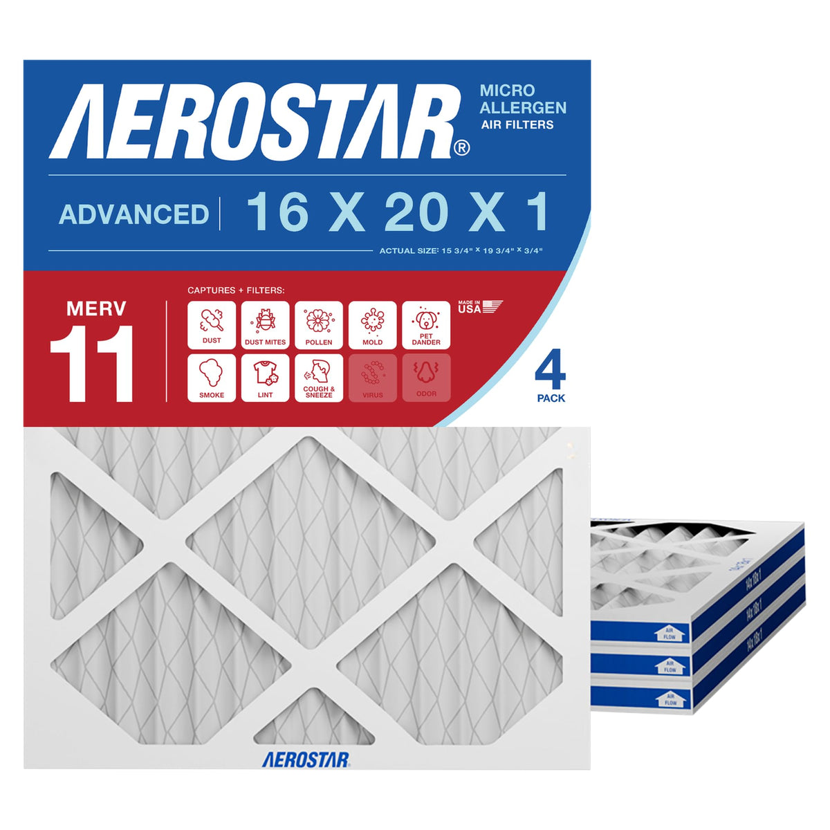 Aerostar 16x20x1 MERV 11 filter front view captures dust and allergens