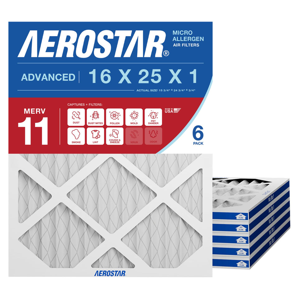 Aerostar 16x25x1 filter pack showing universal compatibility and high-efficiency filtration.