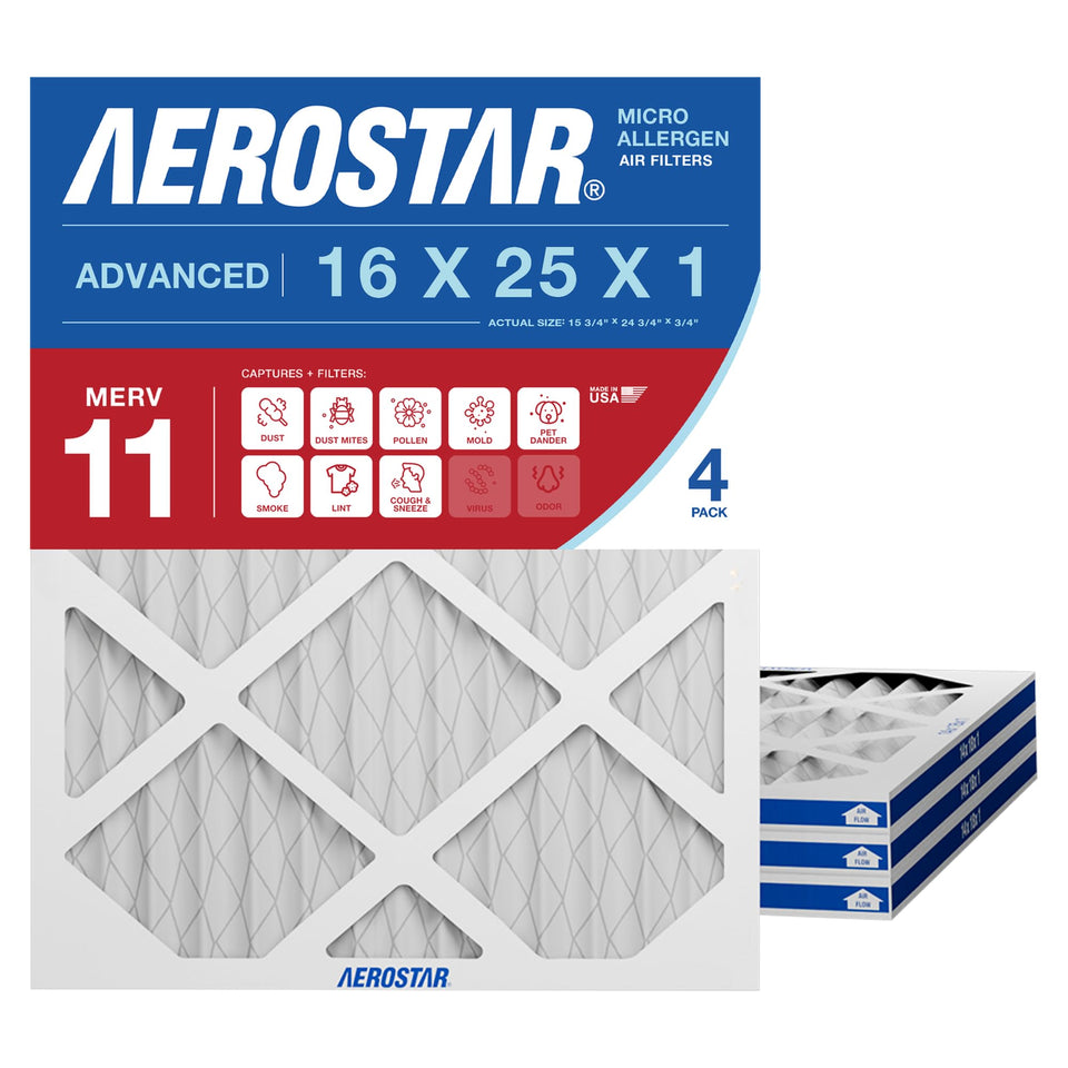 Aerostar 16x25x1 pleated air filter in actual size; improves filtration in HVAC.