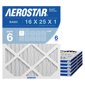 Aerostar 16x25x1 pleated filter front view with dust capture benefits air quality