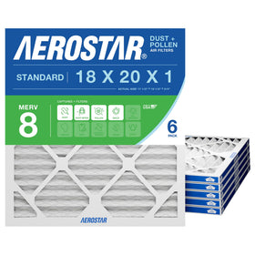 Aerostar 18x20x1 MERV 8 pleated filter front view, showing sturdy frame and filtration surface