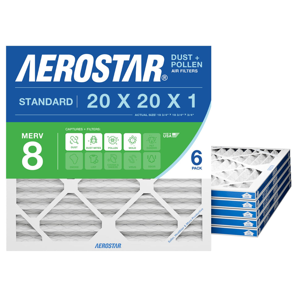 Aerostar 20x20x1 filter side view showing pleated media for strong filtration.