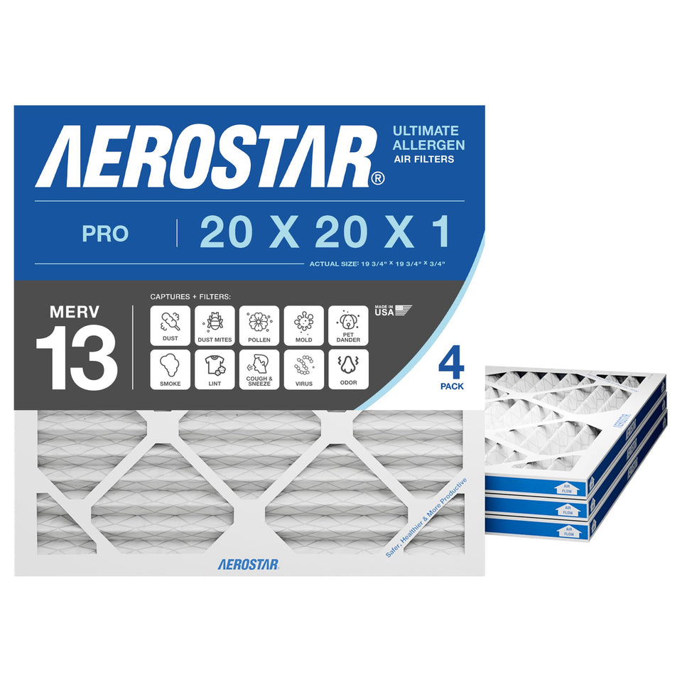 Aerostar 20x20x1 MERV 13 filter fits standard HVAC units for cleaner air