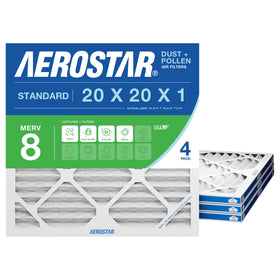 Aerostar 20x20x1 MERV 8 pleated filter front view captures dust and pollen.