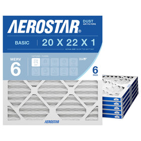 Aerostar 20x22x1 filter pack front view enhances air quality with pleated MERV 6 filtration.