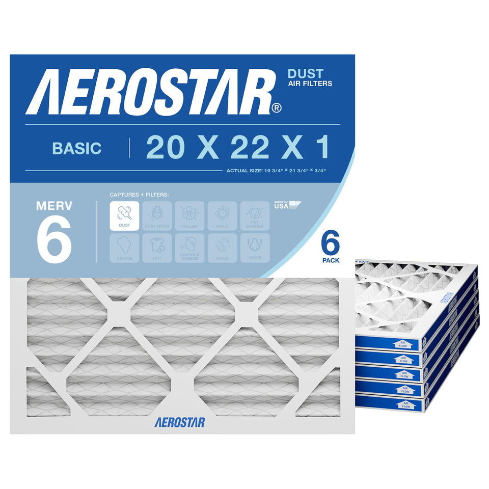 Aerostar 20x22x1 filter pack front view enhances air quality with pleated MERV 6 filtration.