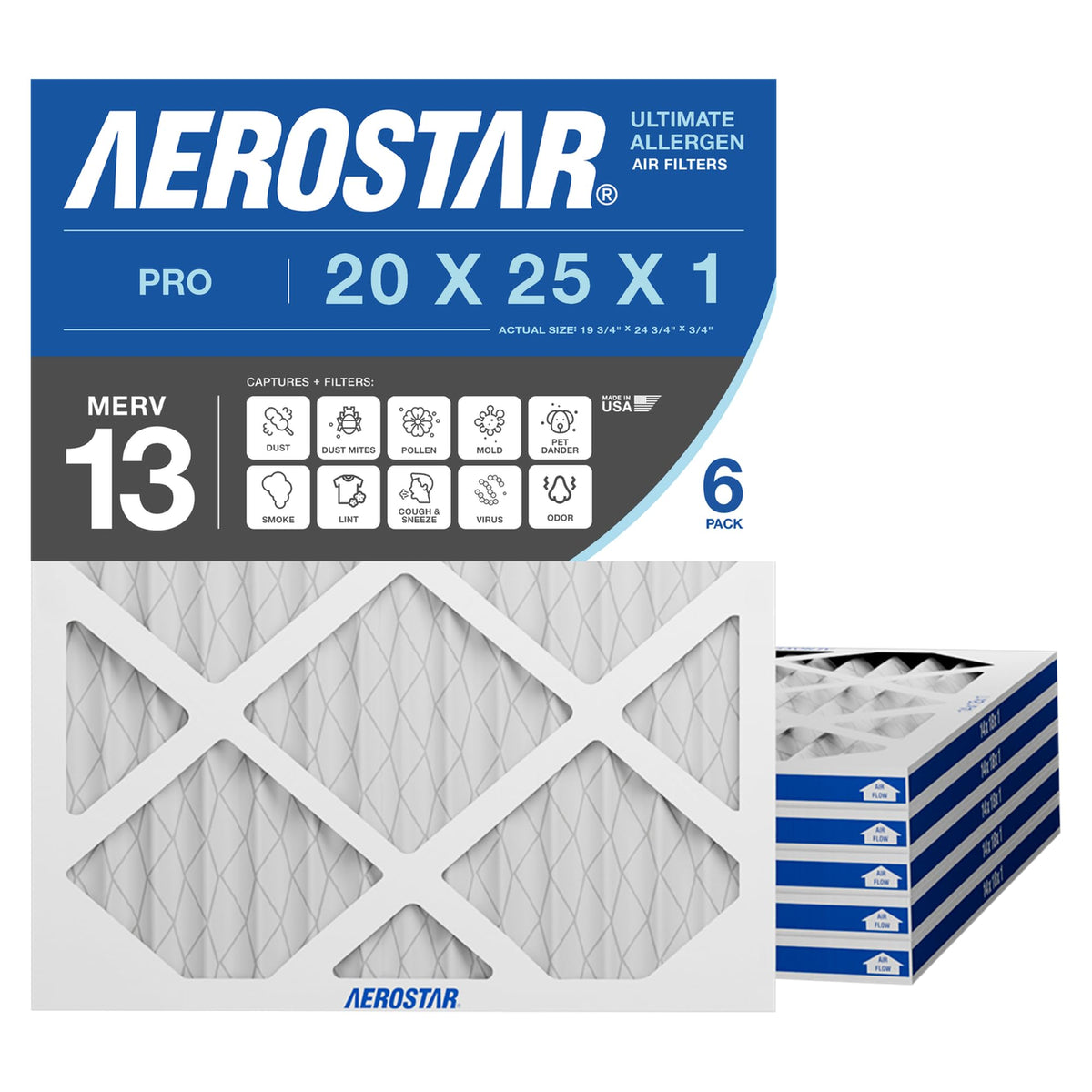Aerostar 20x25x1 MERV 13 filter pack ready for cleaner indoor air.