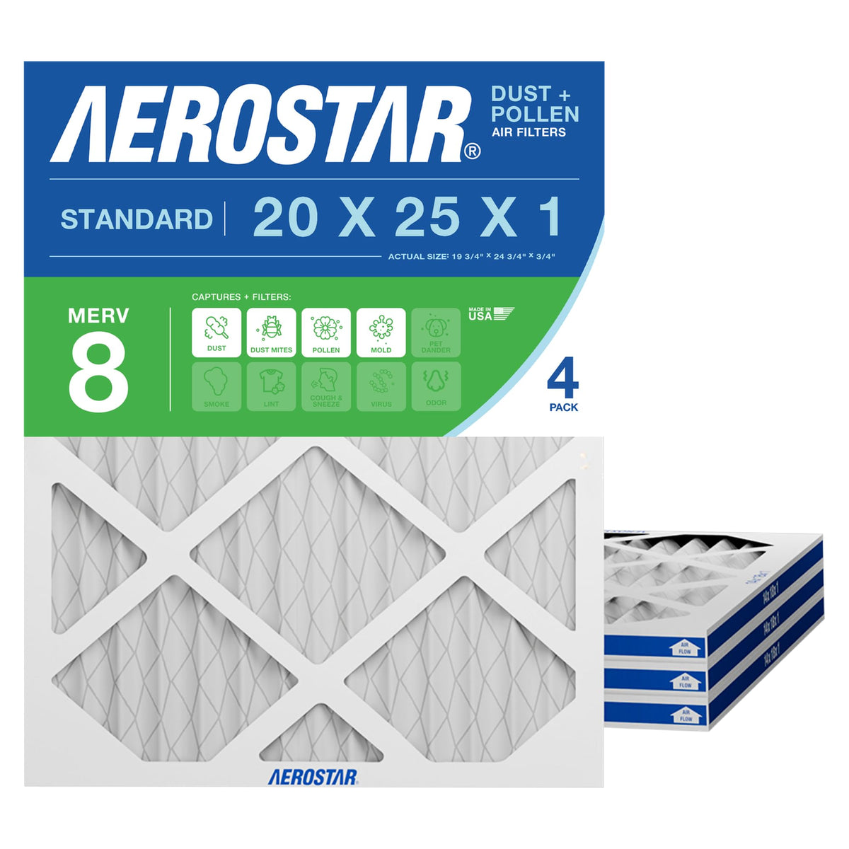 Aerostar 20x25x1 MERV 8 pleated filter four-pack for better indoor air quality