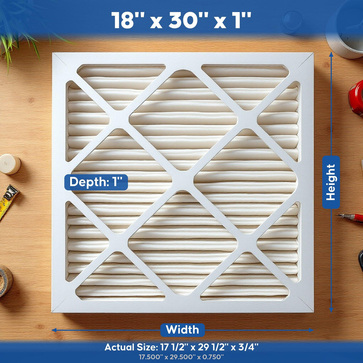 Aerostar actual-size label confirms fit for 18x30x1 installation.