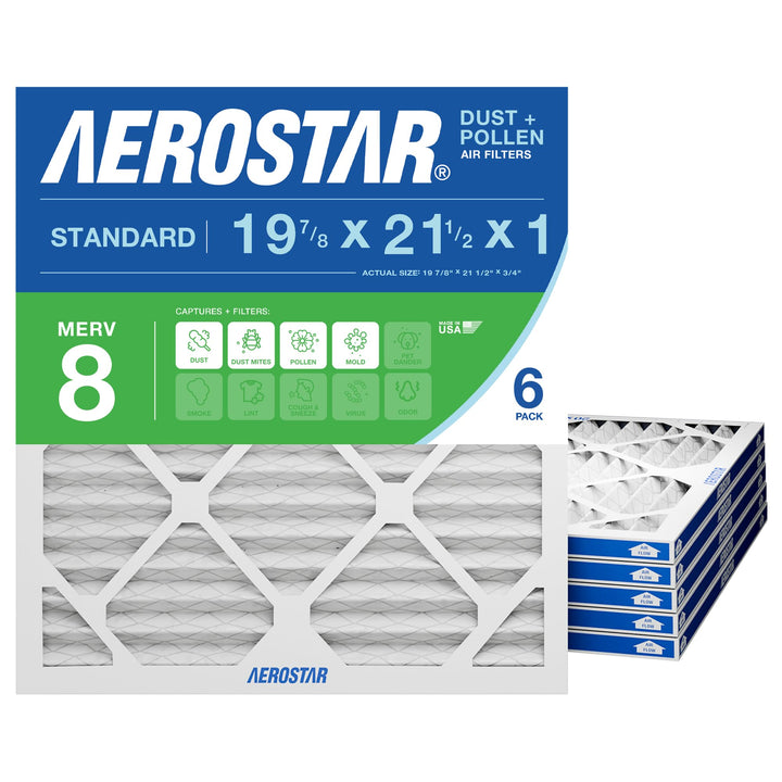 Aerostar actual size label shows precise measurements for a snug fit in standard HVAC units.