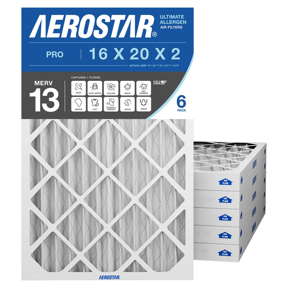 Aerostar pleated filter front view in a six-pack for standard HVAC efficiency.