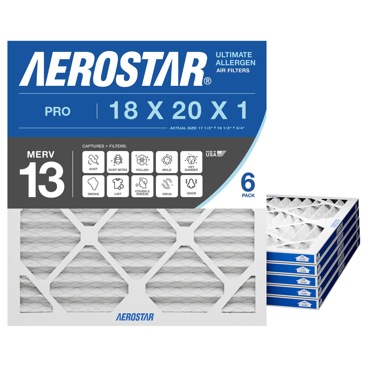 Aerostar 6-pack pleated filter packaging for easy replacement and cleaner air.